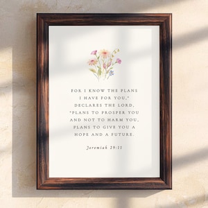 Jeremías 29:11 Porque yo sé los planes que tengo para vosotros (imprimible), arte mural con versículos bíblicos florales, arte mural cristiano, sala de oración, regalo de bautismo