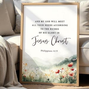 Philippians 4:19 Wall Art, Bible Verse Printable, Floral Nature Scripture Decor, Christian Digital Download, Faith Based Wall Art