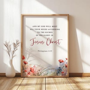 Floral Nature Bible Verse Printable, Philippians 4:19 Wall Art, Scripture Digital Download, Christian Faith Decor, Instant Gift Art