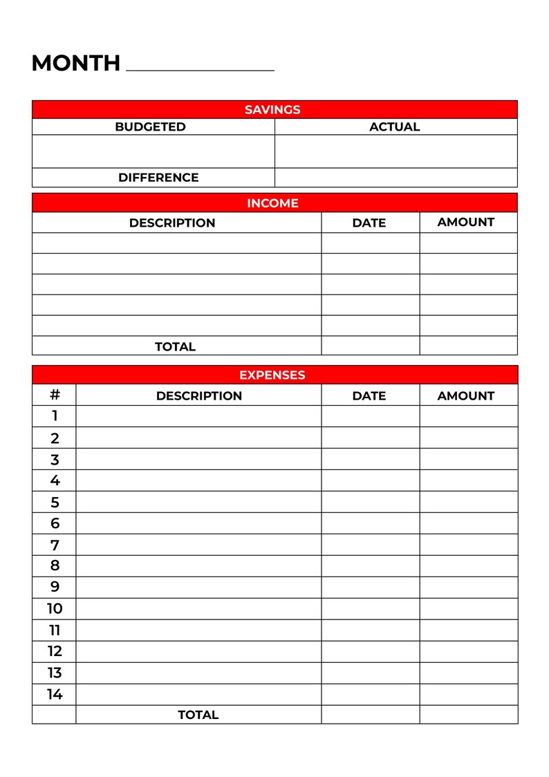 Budget Red Monthly Budget Planner Printable | A4 Red Theme | Income & Expense ...