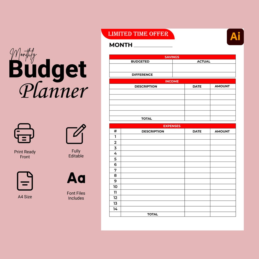 Budget Red Monthly Budget Planner Printable | A4 Red Theme | Income & Expense ...
