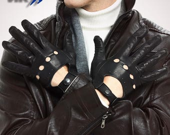 Men’s Luxury Leather Driving Gloves – Touchscreen Compatible, Breathable, Perforated, Vintage Car & Motorcycle Gloves