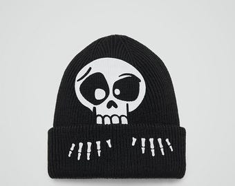 ブラックスカルキャップモヒカンスタイル、手編みスカルビーニー、冬用