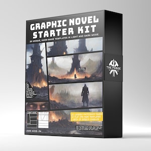 Op de afbeelding: Een zwarte Graphic Novel Starter Kit doos met de tekst "GRAPHIC NOVEL STARTER KIT" en "20 UNIQUE, HAND MADE TEMPLATES IN LIGHT AND DARK MODE." De doos heeft fantasy art panelen en het logo "THE FORGE".