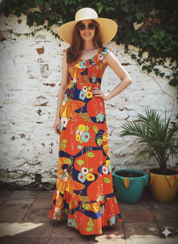 boho dresses melbourne Vintage Bindi Maxi Dress, 1960s Floral Gown, Mod Festival Dress, XS-S Color:Black/Black 7939