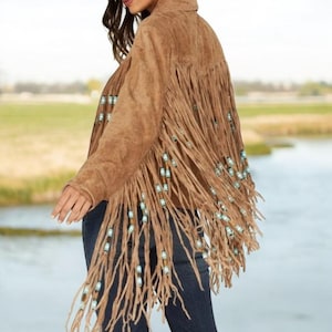Veste manteau vintage pour femmes en cuir suédé marron fauve à franges, veste western cow-girl en daim à franges pour femmes, veste à franges