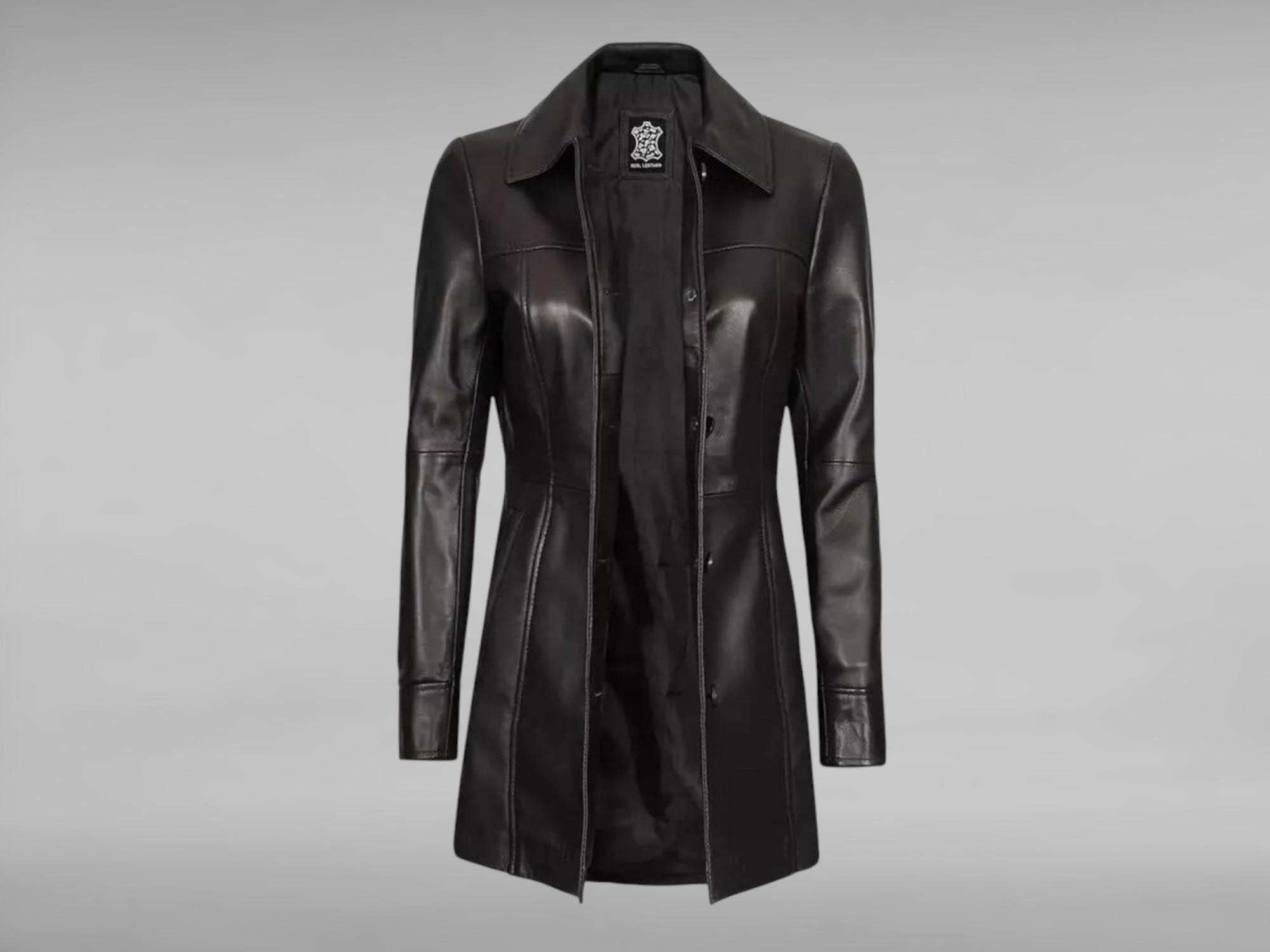 Women's Black Leather Long Coat, Womens Black Leather Trench