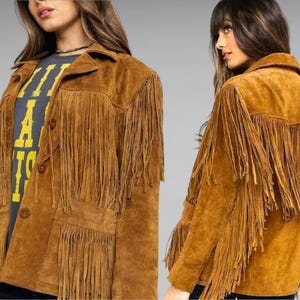Veste manteau vintage à franges en cuir daim marron fauve pour femmes, veste en cuir daim western cow-girl à franges pour femmes, veste à franges