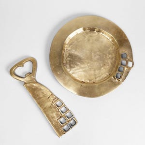 Brutalist Brass Bottle Opener & Dish Set | Vintage Mid-Century Modern Catchall Tray and Opener with Geometric Cutouts