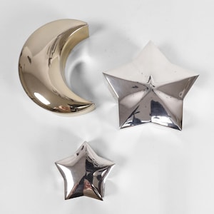 Set of 3 Celestial Trinket Boxes | Vintage Postmodern 90s Star & Moon Shapes in Silver and Gold Tones | 1990s Silver Plated Lined in Velvet