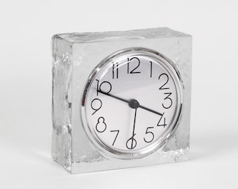 Vintage 1970s Ice Block Crystal Table Clock: West German Square Desk Clock