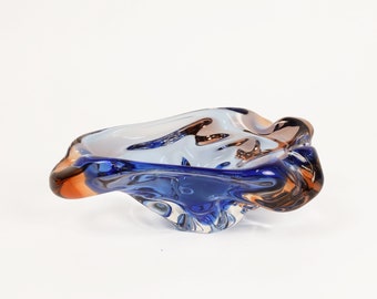 Vintage Bohemian Mouth Blown Blue and Amber Glass Bowl | Czech Glass Frantisek Zemek Niagra Series