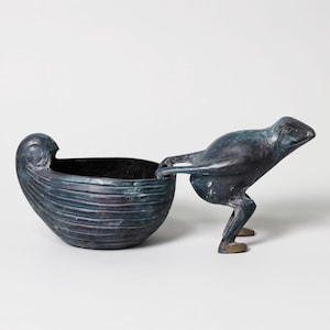 Bronze Frog Pulling a Seashell Bowl | Vintage Whimsical Asian Inspired Verdigris Patinated Planter Flower Pot