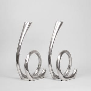 Pair of Large Spiral Sculptural Aluminum Candleholders | Vintage Postmodern Curl Design | 1980s Statement Pieces