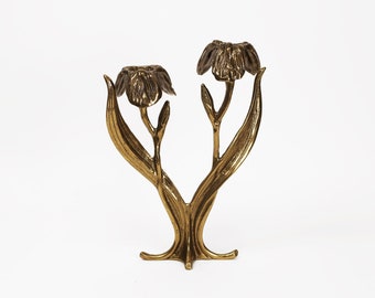 Art Nouveau Iris Solid Brass Double Candlestick | Jugendstil Candelabra