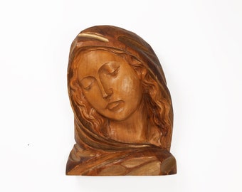Vintage Hand-Carved Renaissance Madonna | Wooden Wall Bust Sculpture