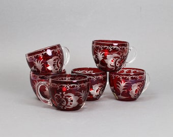 Set of 6 Ruby Red Crystal Mugs | Cut to Clear Egermann Style Mid Century Glass Cups
