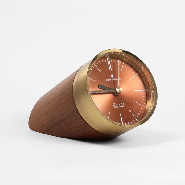 Junghans Teak & Brass Table Clock: Mid-Century Rocketline Desk Clock