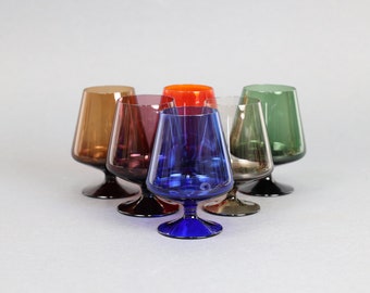 Set of 6 Colorful Cognac Swifters in Brass and Teak Holder | 1960s Smoked Glass Multicolor Vintage Barware Set