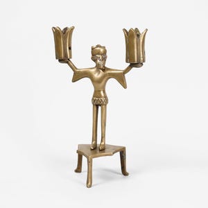 Medieval Revival Early 20th Century Brass Man Candelabra | Gothic Design After 15th Century Design | Figurative Candle Holder