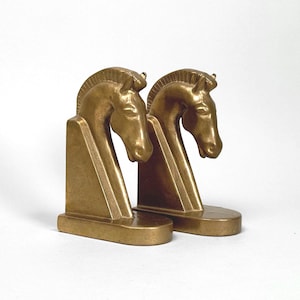 Art Deco Brass Horse Head Bookends | Equestrian Decor Solid Brass Trojan Horse Matching Bookends | Vintage Mid Century Design