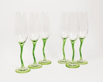 Set of 6 Squiggle Stem Champagne Flutes | Lime Green 90s Vintage Post Modern Colourful Sparkling Wine Glasses