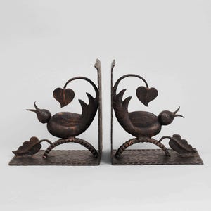 Hand-Forged Folk Art Bird Bookends | Vintage Blackened Copper | Handmade Mid-20th Century