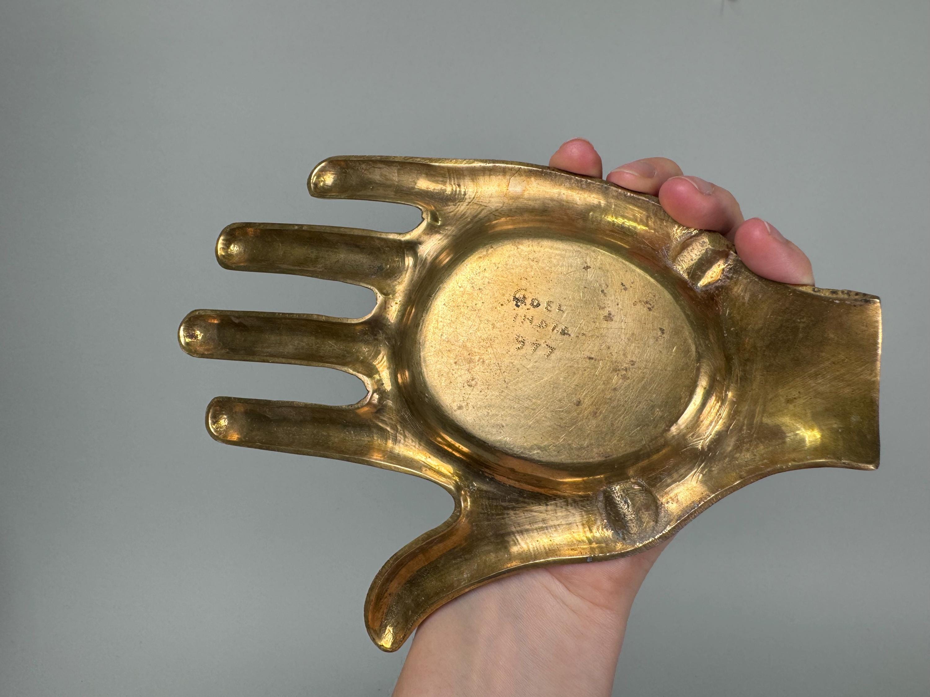 Vintage Brass Hand Dish: Engraved Henna Palm Ashtray, Signed Goel
