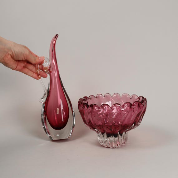 ヴィンテージ ピンク クリスタル ガラス ピッチャー 花瓶：イタリア製