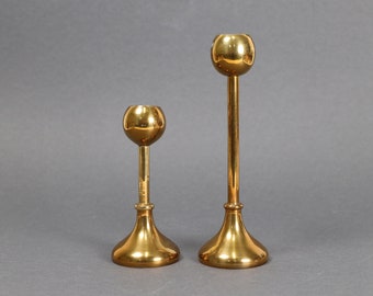 Pair of Scandinavian Brass Round Top Candle Holders | Two 1970s Vintage Tulip Foot Candlestick Holders