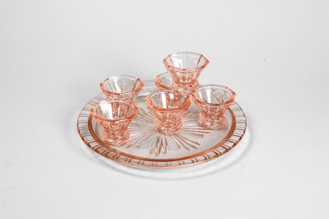 Vintage Rosaline Pink Depression Glass Cordial Set | Art Deco