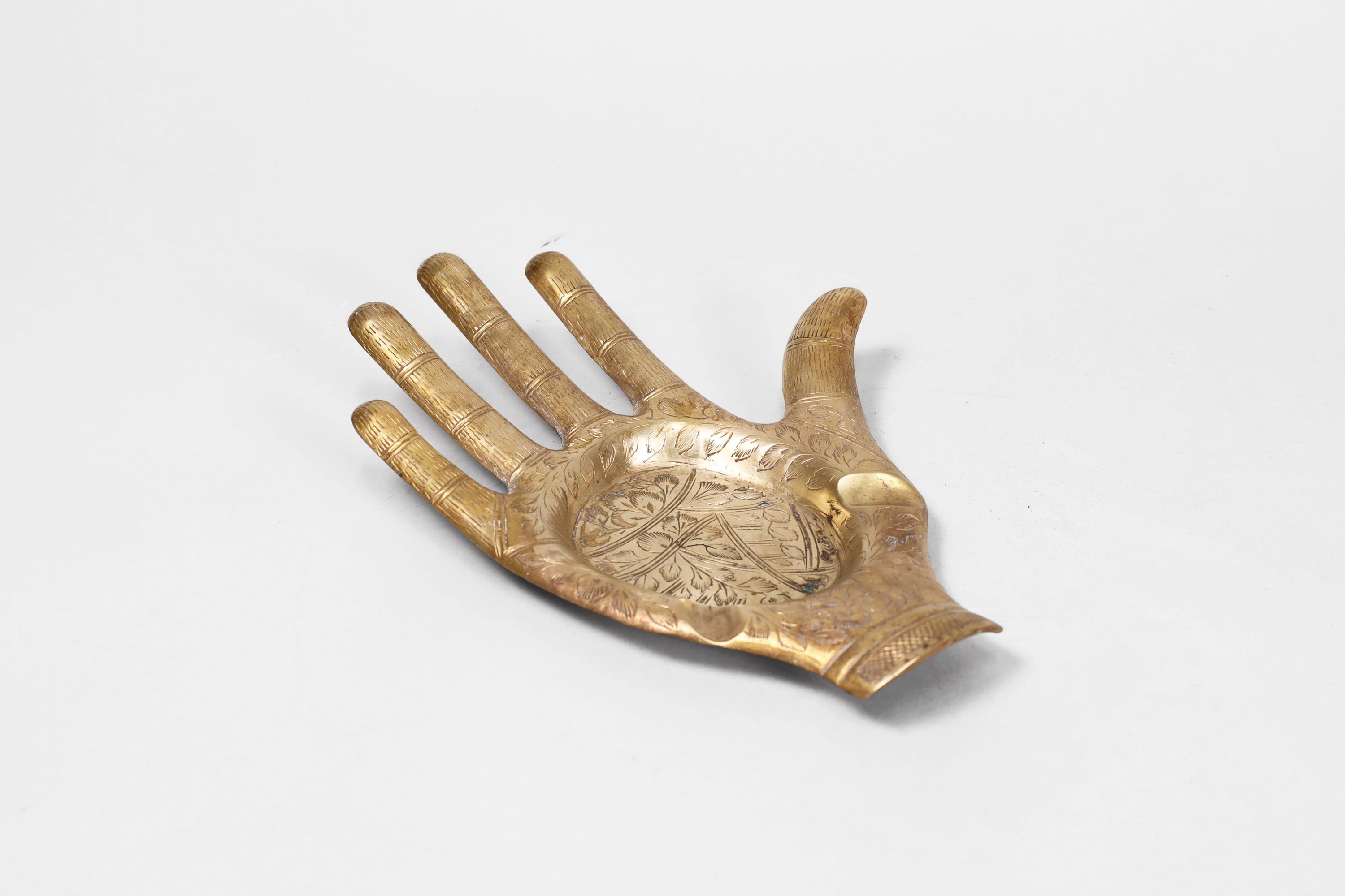 Vintage Brass Hand Dish: Engraved Henna Palm Ashtray, Signed Goel