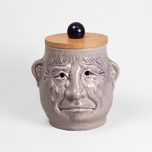 Vintage German Onion Pot | Weeping Man Crying Face Jar with Lid | 1970s Ceramic Kitchen Storage | Westerwald Marzy & Remy