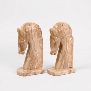 Onyx Trojan Horse Bookends | Vintage Hand-Carved Marble Stone Horse Head Bookends