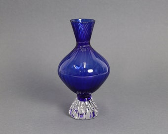 Aseda Sweden Cobalt Blue Swirly Footed Vase | Vintage 60s Scandinavian Design Glass