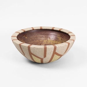 Stoneware Bowl with Geometric Exterior Glaze | Vintage 1970s Studio Pottery | Mid Century Handmade Century Bowl Center Piece
