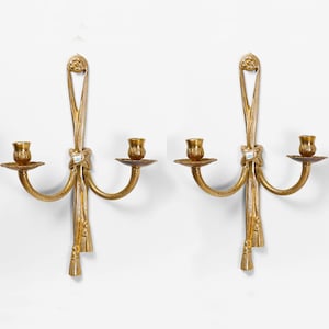 Vintage Brass Tassel Wall Sconces: Hollywood Regency Candelabra Pair