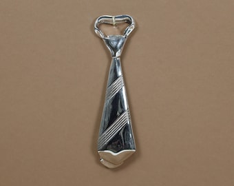 Silver Plated Tie Bottle Opener | 1980s Silver Necktie Cravat Novelty Bottle Opener and Twist Cork Opener