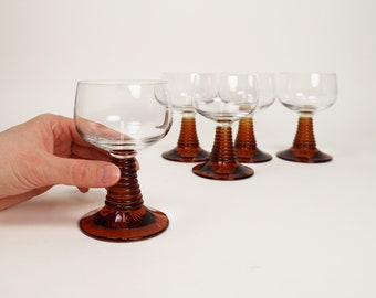 Set of 5 Amber Roemer Wine Glasses 0,1l | Vintage Colorful German Glassware