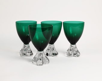 Set of 4 Bulbous Foot Emerald Green Wine Glasses | Vintage Murano Glass Cocktail Glasses | Colorful Barware Glassware
