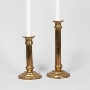 Pair of Brass Neoclassical Candlestick Holders | Two Matching Heavy Vintage Brass Taper Candle Holders