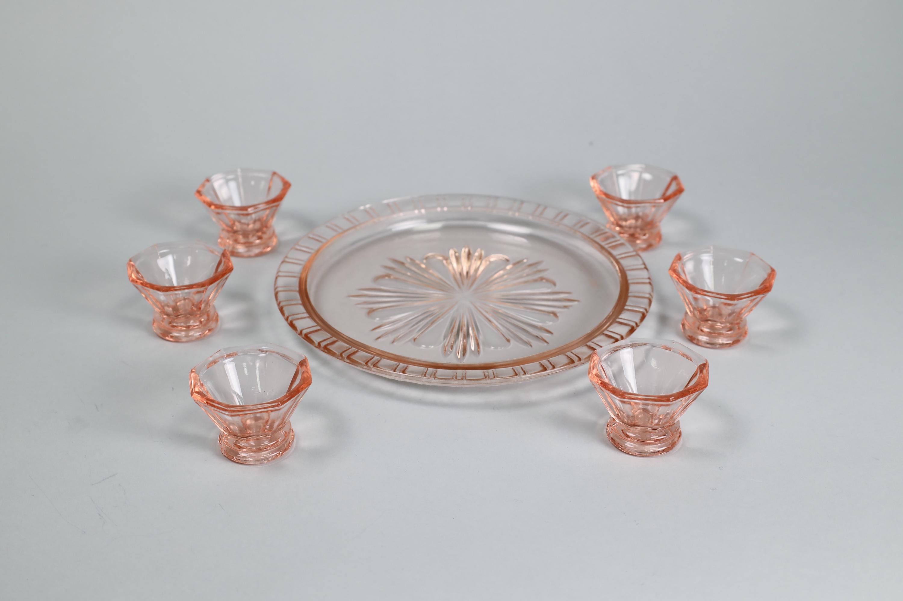 Vintage Rosaline Pink Depression Glass Cordial Set | Art Deco