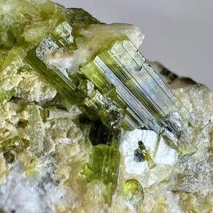 May include: Close-up of a mineral specimen featuring vibrant green crystals. The crystals are elongated and prismatic, with a glassy luster. They are set against a matrix of off-white and beige rock, creating a striking contrast. The overall composition highlights the natural beauty of the mineral.