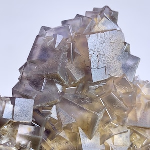 Può includere: Primo piano di un gruppo di cristalli di fluorite. La formazione cristallina presenta strutture cubiche traslucide nelle tonalità lavanda, grigio e giallo. Le sfaccettature dei cristalli riflettono la luce, creando un effetto scintillante. Aspetto generale di un campione minerale naturale.