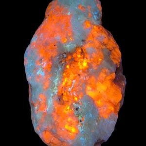 May include: A close-up of a rough, irregularly shaped rock with a mix of orange, yellow, and blue colors. The rock is illuminated with a long wave UV light, causing it to fluoresce.