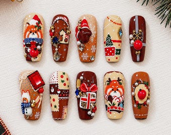Christmas Press On Nails 3D Long Square Reindeer Snowman Fox Holiday Nails