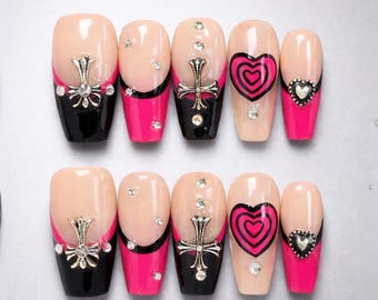 Uñas postizas Y2K 3D rosa y negro con punta francesa, dije de corazón y cruz, set de uñas de ataúd