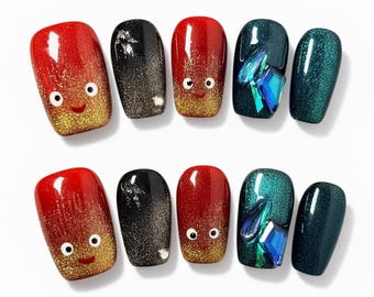 Press On Nails Kawaii Glitter Chrome Character Red Green Square Nails
