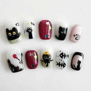 Whimpsy Whisker Cat druknagels – handgetekende zwarte katten met glittersterren en pootafdruk | Korte vierkante Pet Lover-nagels