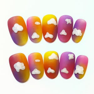 Neon Sky Press-On Nails – Pink to Blue Ombré Short Nails with Hand-Painted Clouds | Soft Girl Aesthetic | Handmade Festival Nail Set